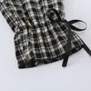 Roupa Feminina Transfronteiriça Marca Z Rosa Xadrez Retrô Gravata Borboleta Renda Gola Quadrada Cintura Marcada Modelagem Slim Manga Longa Camisa de Algodão