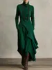Moda Femenina Europea y Americana 2025 Sitio Independiente de Amazon Primavera y Otoño Más Vendido Vestido de Manga Larga Cruzado de Cuello Alto Falda Larga