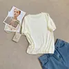 Blusa de Tricô de Manga Curta com Lã Fina, Detalhes de Pérolas, Estilo Vintage de Seda Gelada, Manga Curta com Gola Redonda Estilo Coreano com Toque Fresco