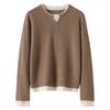 Suéter Elegante de Otoño e Invierno 2025 con Doble Cuello en Contraste 100% Cachemira para Mujer con Cuello Redondo en V y Diseño en Capas, Camisa Tejida de Fondo