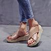 Sandálias Anabela Tamanho Grande Femininas Wish Amazon Europeias e Americanas Palha Corda de Cânhamo Encerada Bico Aberto Sapatos Romanos Sandálias Femininas Peep Toe Cruzadas