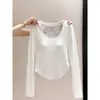 Camiseta de manga larga para mujer con cuello en U pronunciado y recorte de encaje en la espalda, nuevo estilo de principios de otoño, pura y seductora, con copas incorporadas, top ajustado
