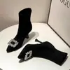 Botas Femininas da Moda de Cano Curto com Bico Fino e Salto Fino, Estilo 2025, Elegantes Botas Meia Elásticas de Salto Alto em Camurça Preta Versátil com Strass