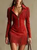 Minivestido de manga larga con flecos estilo Western americano transfronterizo con escote en V profundo, cremallera, corte ajustado, ceñido al cuerpo, vestido de fiesta europeo y americano