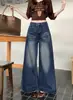 Tiro real: Jeans estiloso de perna larga com bolsos para mulheres, nova coleção de outono, estilo americano, cintura alta, emagrecedor, calças retas com caimento