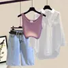 Conjunto de Verano para Mujer Tallas Grandes 2025 Nuevo Estilo Camisa con Protección Solar, Camisola, Shorts de Mezclilla Conjunto de Tres Piezas Adelgazante
