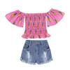 Traje retro francés para niñas verano moderno top de tubo con hombros descubiertos ropa infantil traje de pantalones cortos de mezclilla rotos transfronterizo