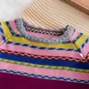 Suéter Feminino Primavera e Outono 2026 Novo Listrado Color Block Manga Longa para Crianças Pequenas, Camiseta Básica Fashion e Versátil