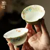 Taza de Té de Cerámica Pintada a Mano con Forma de Flor y Pie Alto para Uso Doméstico, Juego de Té Kung Fu, Taza de Degustación Estilo Antiguo