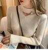 Otoño e Invierno Nuevo Sentido del Diseño Calado Combinable Camiseta Base de Punto para Mujer Ajustada Adelgazante Cuello Medio Alto Suéter Top