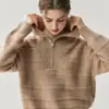 Suéter de Cashmere Jacquard Espesso para Mulheres com Seda Brilhante Solto Novo Outono e Inverno 2025 Suéter Tricotado com Gola Lapela e Zíper Meio