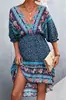 2023 Ropa de Mujer Transfronteriza Europea y Americana Más Vendida Bohemia Cuello en V Posicionamiento Flor Irregular Holgado Espalda Descubierta Vestido para Mujer