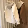 Casaco de Lã com Capuz de Design Costurado para Mulheres no Outono e Inverno Estilo Coreano Pequeno Design de Cor Contrastante Casaco Curto de Lã de Nicho