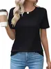 Top T-shirt feminino liso de manga curta plissada com gola redonda para primavera e verão