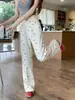Pantalones vaqueros estampados de oso estilo coreano para mujer, primavera/verano, lindos pantalones largos blancos para mujeres petite, pantalones rectos de pierna ancha florales