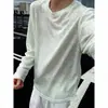 Camisa de tricô de seda gelada branca para homens, camiseta de verão com gola redonda, estilo nicho de alta qualidade, camisa de manga comprida fresca e solta para proteção solar