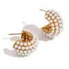 Brincos Europeus e Americanos Modernos Elegantes Populares Aço Inoxidável Banhado a Ouro 18K Colorido Diamante Micro-Incravado Pérolas Cheios de Diamantes Brincos Grossos em Forma de C para Mulheres