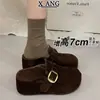 Couro Genuíno Solado Grosso Aumento de Altura Interno Para Pessoas Baixas Sapatos Birkenstock Sapatos Femininos Com Veludo Por Dentro Slip-on Sapatos de Algodão Bico Fechado Meia Sapatilha Uso Externo