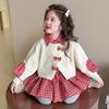 Traje de dos piezas falso a cuadros rojos para niña, estilo primavera y otoño, moda coreana, atuendo elegante para niña pequeña, atuendo de primavera para niño pequeño