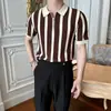 Camisa Polo de Manga Corta de Verano para Hombre Estilo Coreano Rayas Retro Cremallera Personalizada Tejido de Seda Helada Camiseta Casual para Hombre