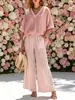 Conjunto de dos piezas a rayas con cuello en V, primavera/verano 2026, holgado, manga corta, pantalón de pierna ancha, conjunto de mujer para comercio exterior transfronterizo