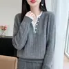 Cardigan Tricotado de Lã Pura Falso Duas Peças Feminino, Novo Outono/Inverno Gola Meia-V Manga Longa Color Block Botões Canelado