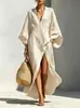 Vestido Longo de Férias Moda Nova Europeia e Americana Primavera/Verão 2026 Gola V Estilo Preguiçoso Manga Morcego Solto