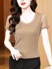 Foto Real de Camiseta de Malha de Seda Brilhante de Manga Curta, Gola Redonda, Slim, Versátil, Novo Estilo, Camisa Base para Mulheres, Preto Cinza