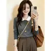 Suéter de Punto de Manga Larga con Cuello de Muñeca Color Block Estilo Universitario 2026, Top Versátil Casual Elegante Juvenil, Patrón Ondulado Gris