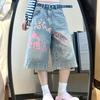Calças Cropped Jeans Graffiti Rosa Dopamina Perna Larga Femininas 2025 Verão Novo Solto Sexy Reto Shorts