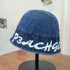 Sombrero de pescador de mezclilla lavado para mujer, que cubre la cara, protección solar para exteriores, sombrero tipo cubo de copa redonda para hombre, sombrero de sol elegante con estampado de letras
