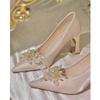 Zapatos de Boda de Tacón Grueso y Punta Afilada 2025 Nuevos Tacones Altos Estilo Francés Coreano Boca Baja Zapatos Individuales Grandes Cong
