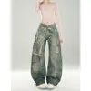 Pantalones de Mezclilla Estampados Retro Americanos Transfronterizos para Hombres y Mujeres Verano Nuevo Diseño Sensación Sueltos Rectos Pierna Ancha Largo Hasta el Suelo