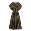 Verão Estilo Europeu e Americano Plissado Atacado Flauta Comércio Exterior Gola Vestido Slim Novo Estilo Verde Vermelho Algodão