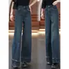Nuevos Jeans de Pierna Ancha Estilo Retro Azul Oscuro para Mujer Cintura Alta Sueltos Caídos Borde Crudo Pantalones Rectos