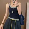 Camisola Estilo Coreano com Painéis de Cores Contrastantes Falsa Peça Dupla Feminina para o Verão Peça Externa Afinando Corpo Roupas de Menina Hot Sem Mangas