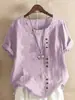 Camiseta Casual de Algodón y Lino para Mujer, Manga Corta, Cuello Redondo, Botones, Estilo Europeo y Americano, para Vacaciones y Calle, 2024