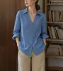 Panii tom azul conta manual Lyocell Tencel azul texturizado gola V feminina versátil top solto