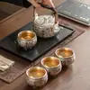 Juego de Té Plateado Dunhuang con una Tetera y Cuatro Tazas, Tetera de Gama Alta con Asa, Regalo de Vacaciones para Ancianos, Líderes o Jubilación