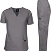 Conjunto de uniforme de trabalho elástico de alta qualidade de secagem rápida com decote em V para homens e mulheres, adequado para médicos, enfermeiros e funcionários de salões de beleza, com múltiplos bolsos