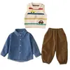 Conjunto de Ropa de Primavera para Niños, Elegante Ropa de Moda de Primavera y Otoño para Bebés Niños, Conjunto de Tres Piezas con Suéter de Rayas y Cochecitos