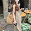 Vestido de verano para mujer, estilo coreano, de alta gama, blanco, para vacaciones, color liso, sin mangas, largo medio, cintura ajustada, vestido de vacaciones.