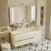 Gabinete de baño con lavabo integrado de piedra chapado en oro de lujo ligero estilo italiano, juego de tocador para baño