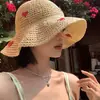 Sombrero de Pescador de Paja Lindo Corazón Japonés para Mujer Sombrero de Paja de Verano Protección Solar Sombrero de Playa de Ala Ancha