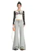 YECHUAN # Pantalones casuales acampanados con cordón gris para mujer, diseño de cintura alta para otoño e invierno, versátiles para caminar, pantalones de longitud hasta el suelo