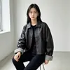 Chaqueta de cuero casual con solapa estilo coreano para mujer, otoño, corte holgado, versátil, retro, corta, top de chaqueta de cuero PU