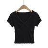 2502-25 Primavera Nuevo Estilo Europeo y Americano Chica Dulce Sexy Cuello en V Cruz Encaje Hongo Manga Corta Casual Camiseta Corta