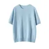Suéter Casual Feminino de Manga Curta 100% Caxemira Pura Novo Gola Redonda Cor Sólida Malha Solta Meia Manga