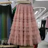 Falda de Pastel con Lentejuelas Nueva de Otoño e Invierno, Elegante Falda de Gasa en Capas, Falda de Longitud Media de Hada, Falda Larga de Malla de Cintura Alta en Línea A