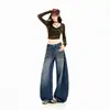 Jeans feminino transfronteiriço 2026, perna curva, estilo retro americano, lavado e desgastado, bordado, azul desbotado, calça comprida, azul retrô, comprimento estendido